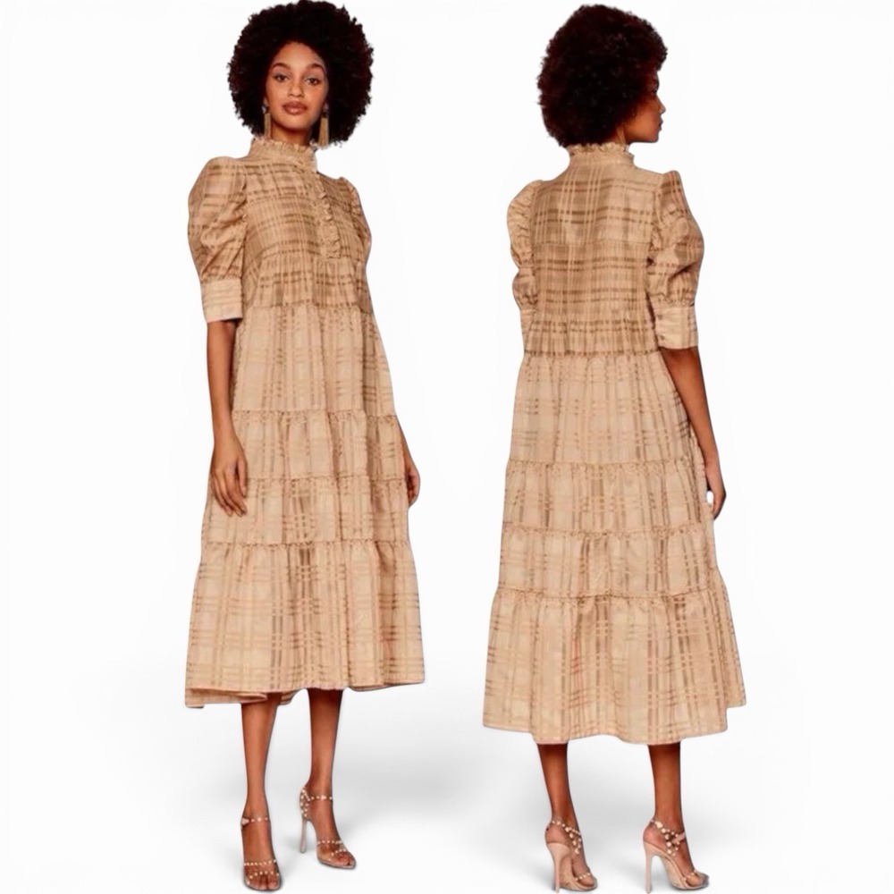 Birgitte Herskind Tiered Trapeze Midi Dress Size 38 Puff‎ Sleeve Mandarin Collar